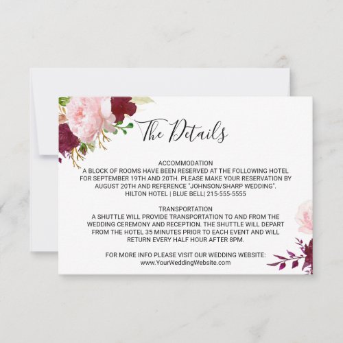 Red Tropical and Romantic Wedding Details Insert Invitation