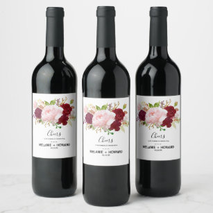 Red Tropical and Romantic Wedding Wine Labels