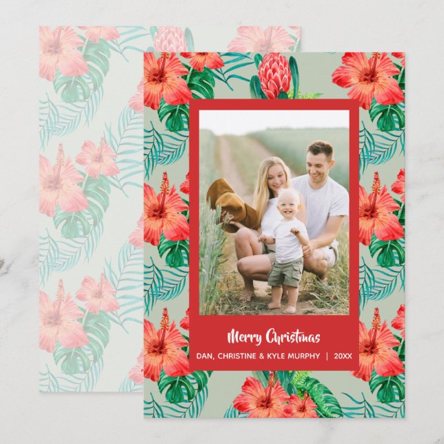 Red Tropical Floral Christmas Photo Holiday Card (Front/Back)
