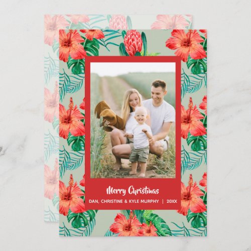 Red Tropical Floral Christmas Photo Holiday Card