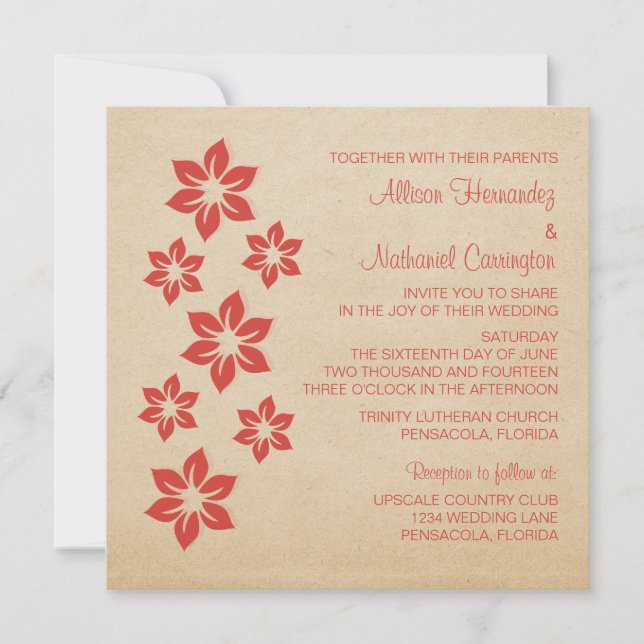 Red Tropical Floral Wedding Invite (Front)