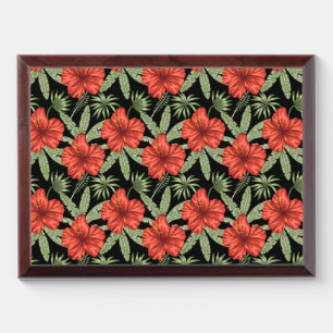Red tropical flowers seamless pattern green leaves award plaque