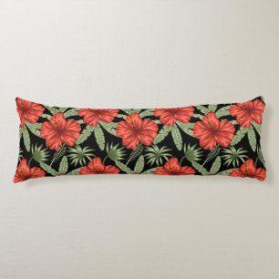 Red tropical flowers seamless pattern green leaves body pillow