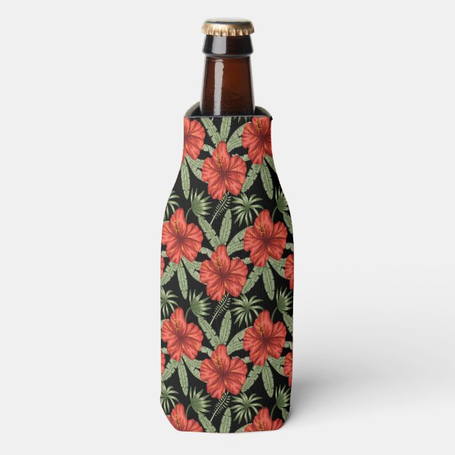 Red tropical flowers seamless pattern green leaves bottle cooler (Bottle Front)