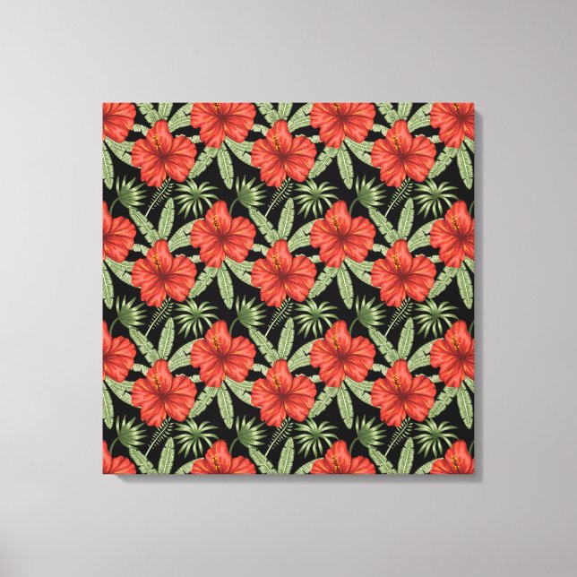 Red tropical flowers seamless pattern green leaves canvas print (Front)