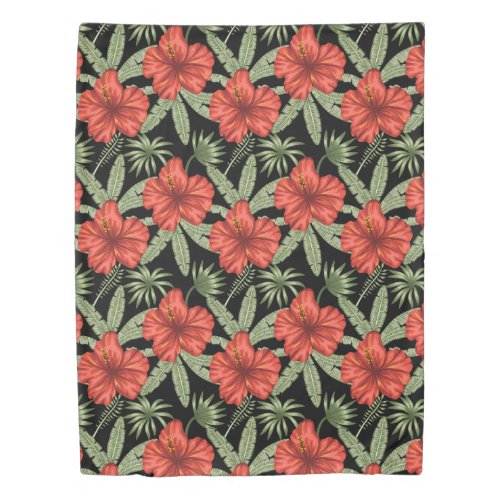 Red tropical flowers seamless pattern green leaves duvet cover
