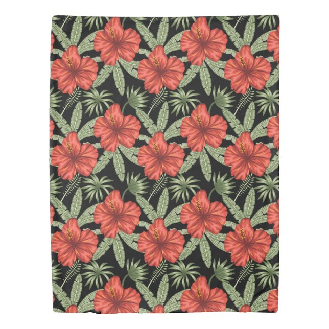 Red tropical flowers seamless pattern green leaves duvet cover (Front)