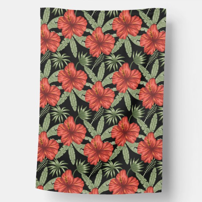 Red tropical flowers seamless pattern green leaves house flag (Front)
