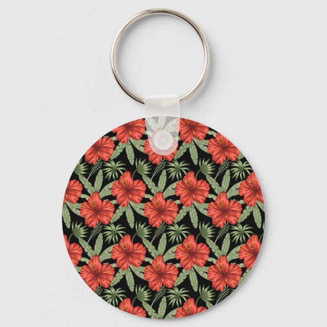 Red tropical flowers seamless pattern green leaves keychain (Front)
