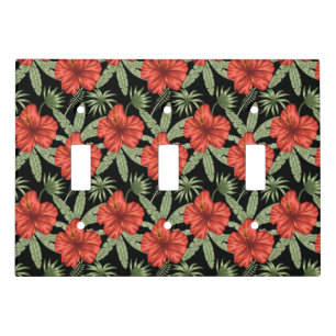 Red tropical flowers seamless pattern green leaves light switch cover