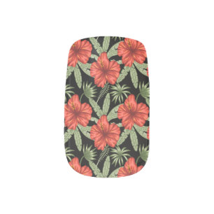 Red tropical flowers seamless pattern green leaves minx nail art