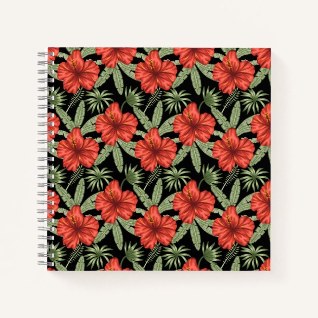 Red tropical flowers seamless pattern green leaves notebook (Front)