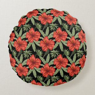 Red tropical flowers seamless pattern green leaves round pillow