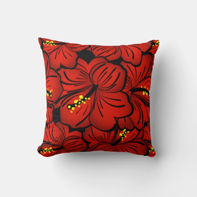 Red Tropical Hawaiian Hibiscus Flower design Throw Pillow (Front)