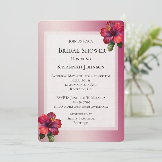 Red Tropical Hibiscus Floral Bridal Shower Invitation (Standing Front)