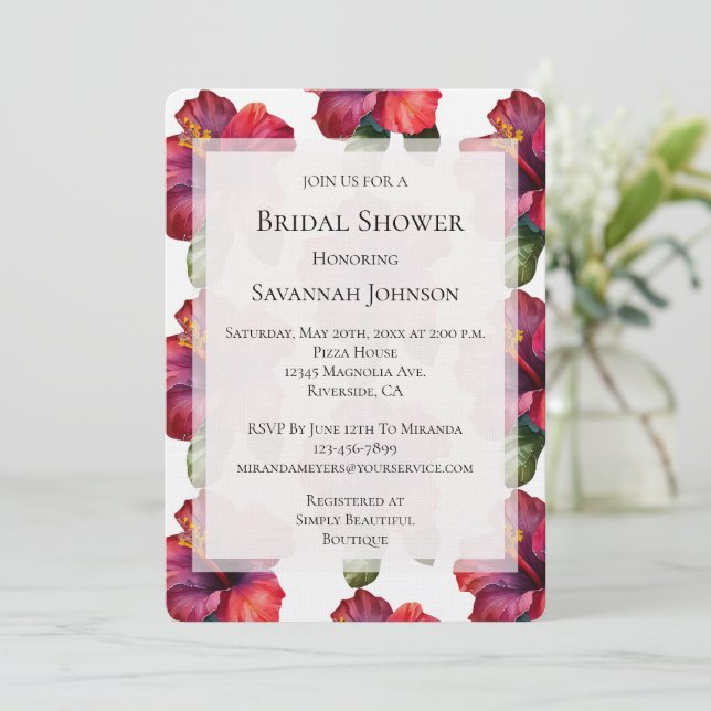 Red Tropical Hibiscus Floral Bridal Shower Invitation (Standing Front)