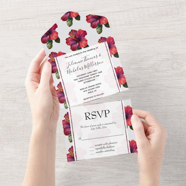 Red Tropical Hibiscus Floral Wedding All In One Invitation (Tearaway)