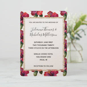 Red Tropical Hibiscus Floral Wedding Glitter Frame Invitation