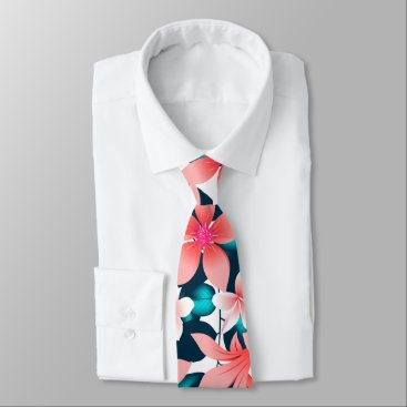 Red tropical hibiscus neck tie