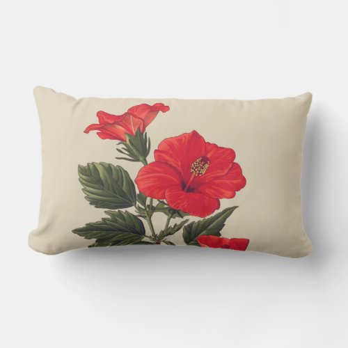 Red Tropical Hibiscus Tan Outdoor Lumbar Pillow