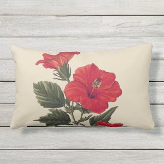 Red Tropical Hibiscus Tan Outdoor Lumbar Pillow