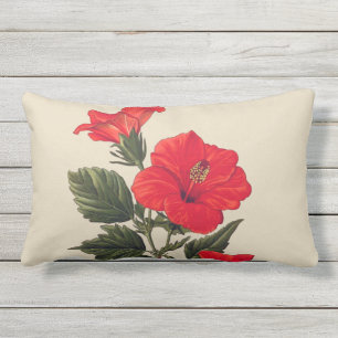 Red Tropical Hibiscus Tan Outdoor Lumbar Pillow