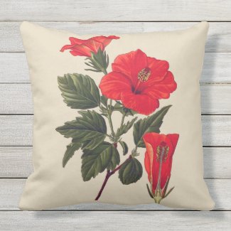 Red Tropical Hibiscus Tan Outdoor Pillow 20X20