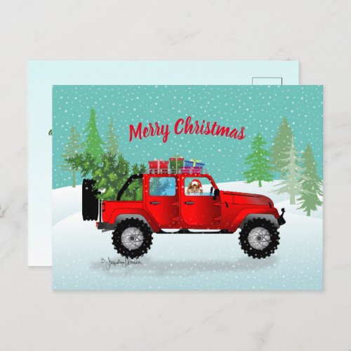 Red Truck 4x4 with Sable Sheltie Santa Hat Holiday Postcard