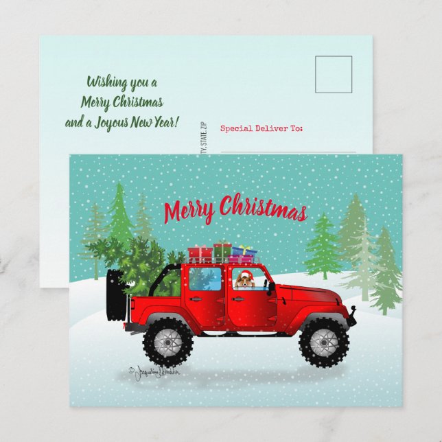 Red Truck 4x4 with Sable Sheltie, Santa Hat Holiday Postcard (Front/Back)