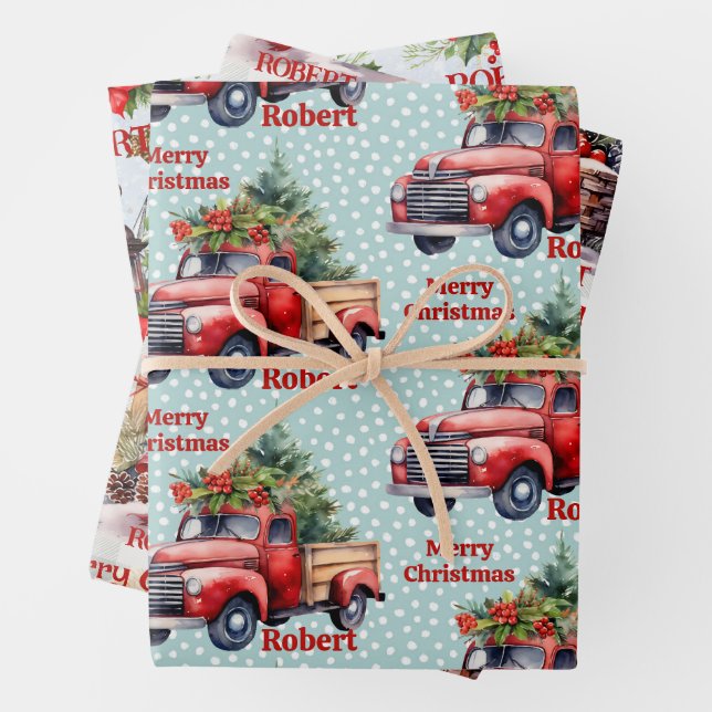 Red Truck Add Name Merry Christmas 3 Wrapping Paper Sheets (In situ)