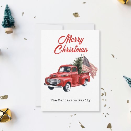 Red Truck American Flag Christmas  Holiday Card