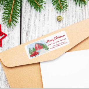 Red truck and barn Christmas return label