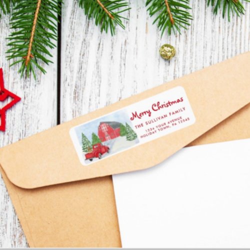 Red truck and barn Christmas return label