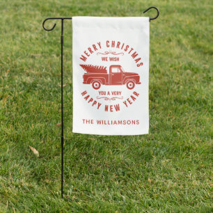 Red Truck and Christmas Tree Family Name Garden Flag