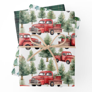 Red Truck and Christmas Trees Plaid Farm Christmas Wrapping Paper Sheets