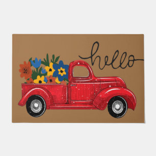 Red Truck And Flowers Doormat Spring Summer Decor