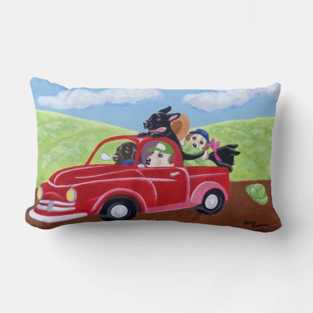 Red Truck and Labradors Painting Lumbar Pillow (Front)
