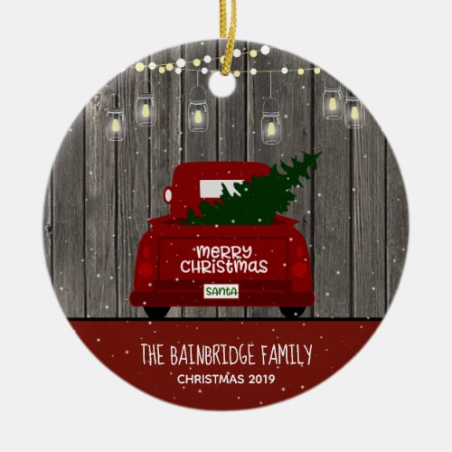 Red Truck and Mason Jar Lights Family Name Holiday Ceramic Ornament