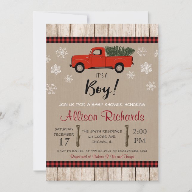 Red truck and snowflakes Christmas boy baby shower Invitation (Front)
