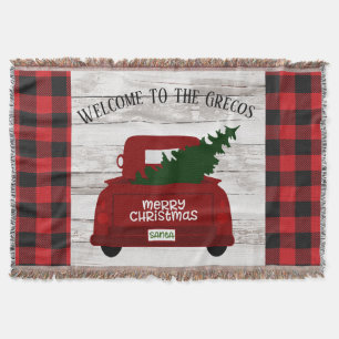 Red Truck and Tree Buffalo Plaid Name Christmas  Throw Blanket
