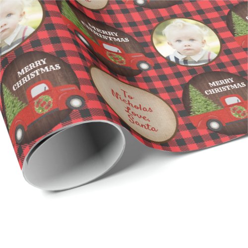 Red Truck and Tree Buffalo Plaid Photo Christmas Wrapping Paper