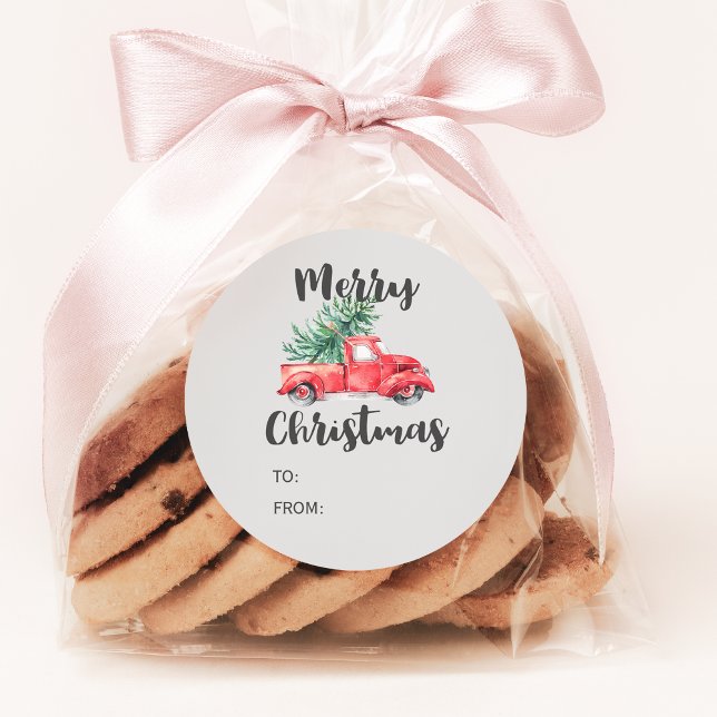 Red Truck and Tree Christmas Gift Name Classic Round Sticker (Creator Uploaded)
