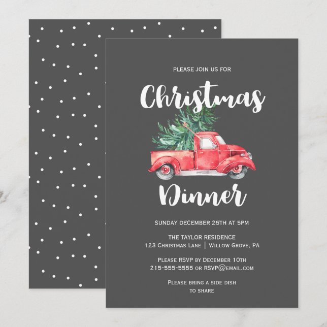 Red Truck and Tree | Gray Christmas Dinner Invitation (Front/Back)