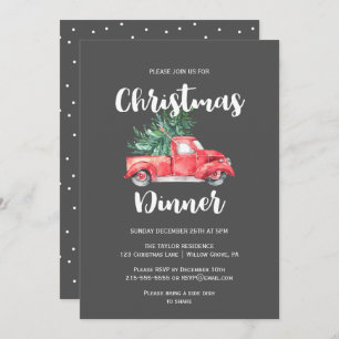 Red Truck and Tree Gray Christmas Dinner Invitation