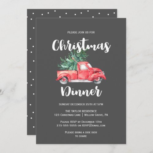 Red Truck and Tree  Gray Christmas Dinner Invitation