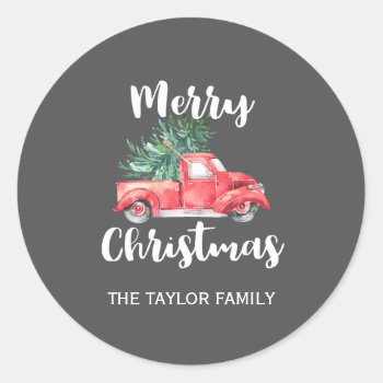 Red Truck And Tree | Gray Christmas Gift Classic Round Sticker by ChristmasPaperCo at Zazzle
