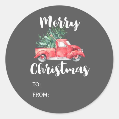 Red Truck and Tree  Gray Christmas Gift Name Classic Round Sticker