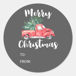 Red Truck and Tree Gray Christmas Gift Name Classic Round Sticker