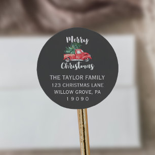 Red Truck and Tree   Gray Christmas Return Address Classic Round Sticker