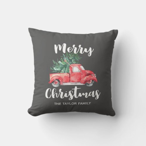 Red Truck and Tree  Gray Christmas Throw Pillow